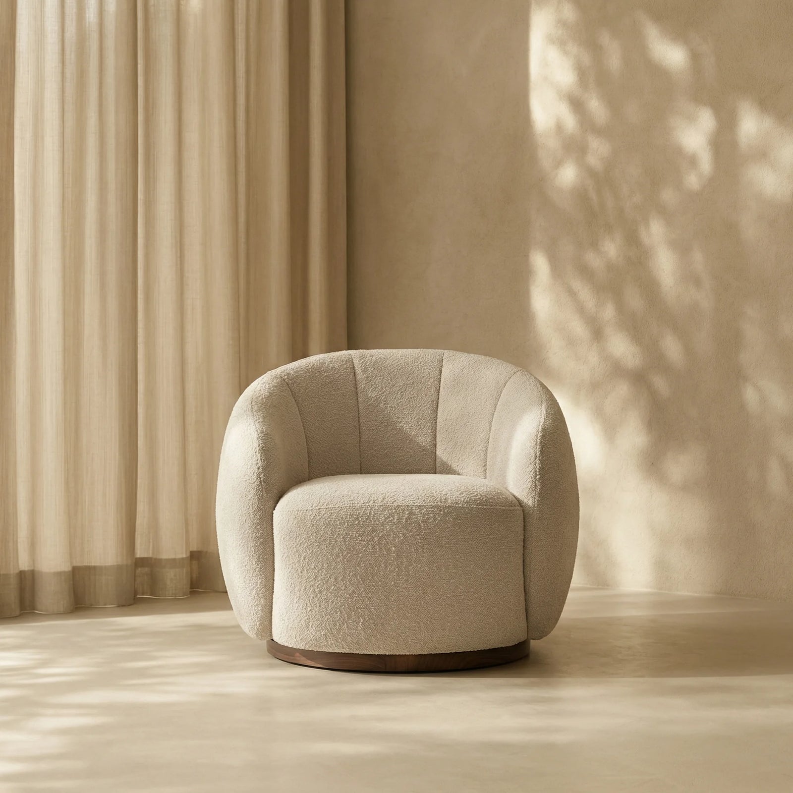 Emile Swivel Armchair | Speckled Stone Sustainable Boucle & Walnut
