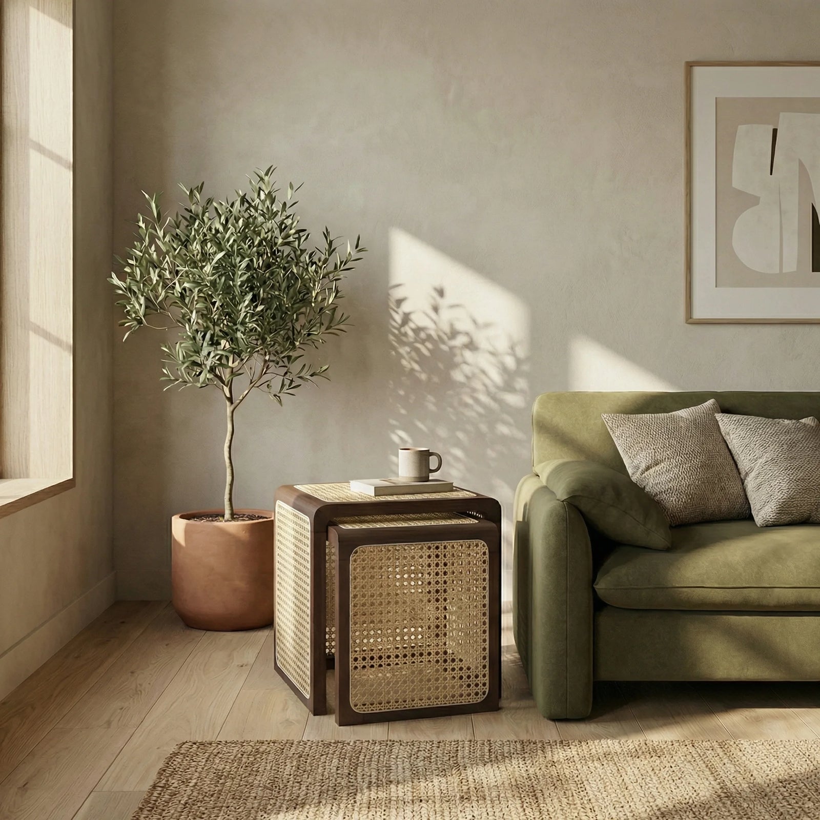 Atley Set of 2 Square Nesting Side Tables | Natural Cane & Walnut