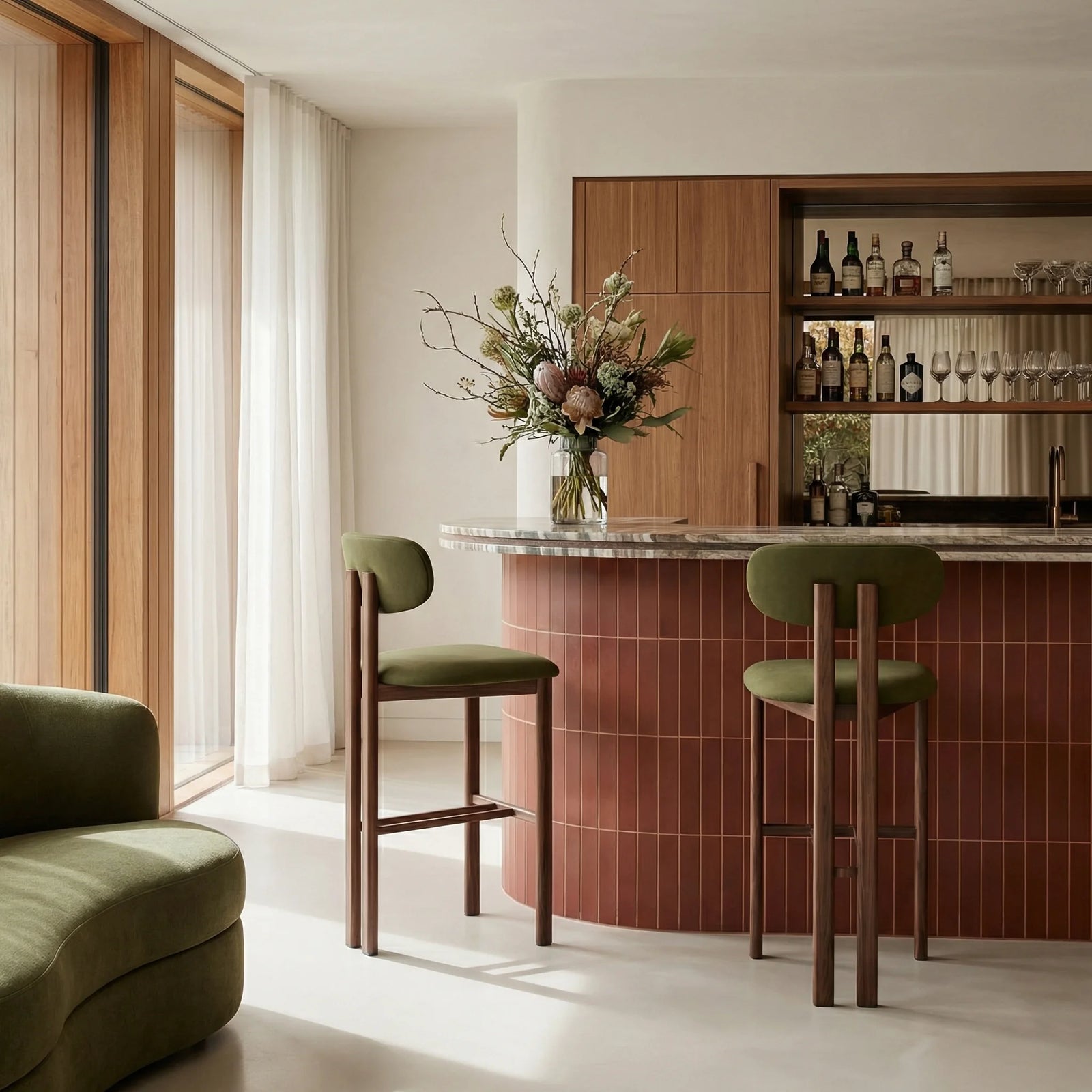 Arbor Bar Stool | Olive Green Sustainable Velvet & Walnut