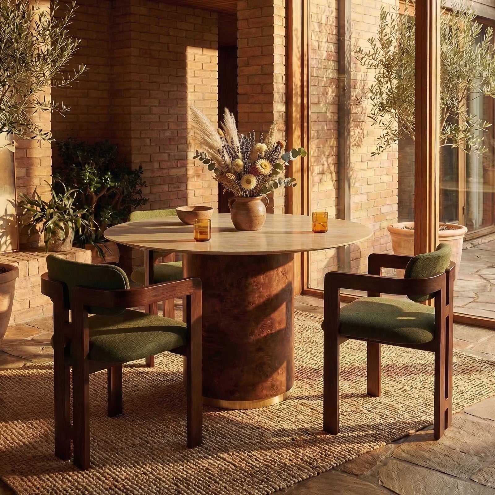 Perry 4 Seat Round Dining Table | Natural Travertine Effect Sintered Stone & Walnut Burl Wood