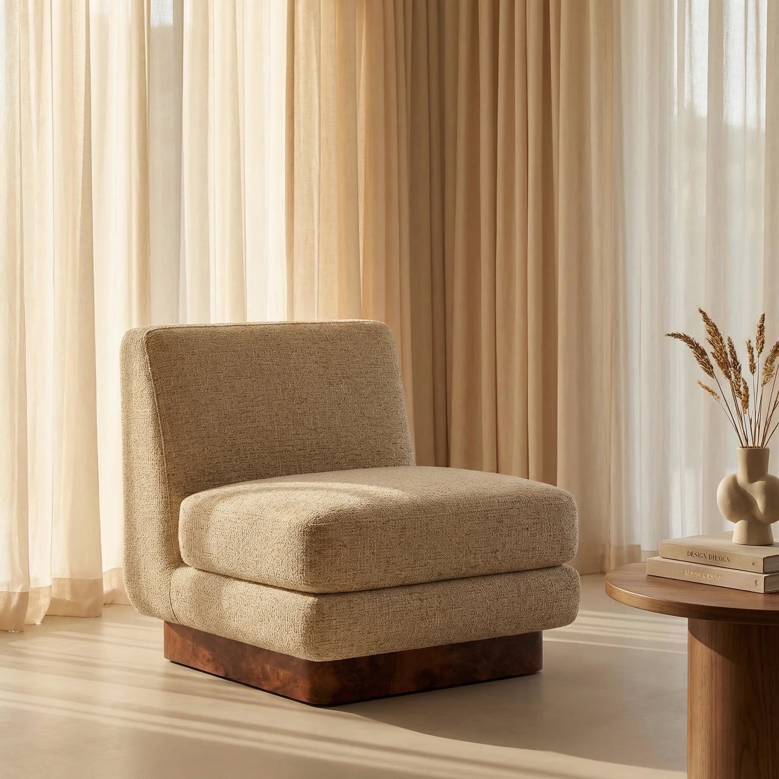 Harrison Accent Chair | Speckled Latte Boucle & Walnut Burl Wood