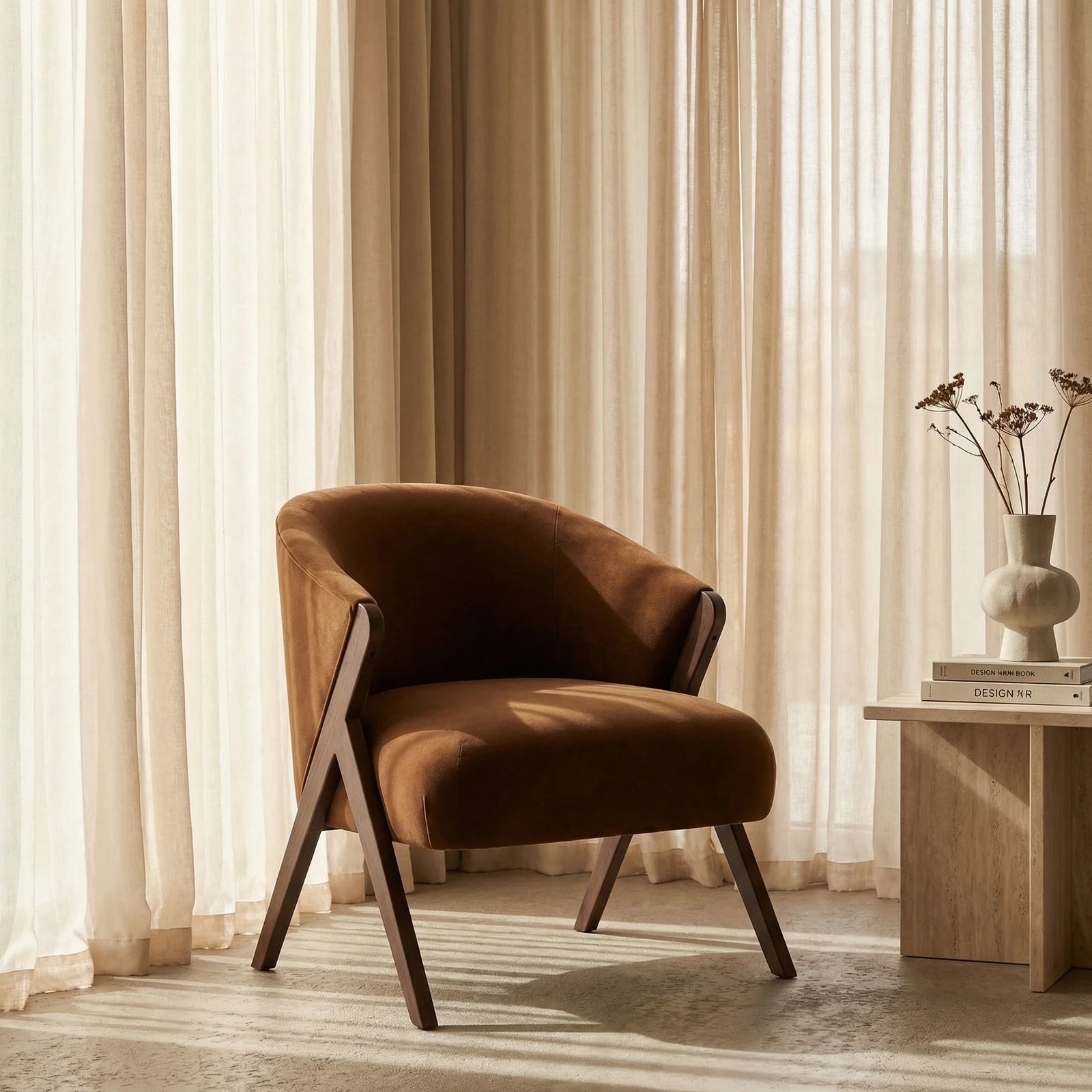 Kira Accent Chair | Caramel Brown Sustainable Mohair Velvet & Walnut