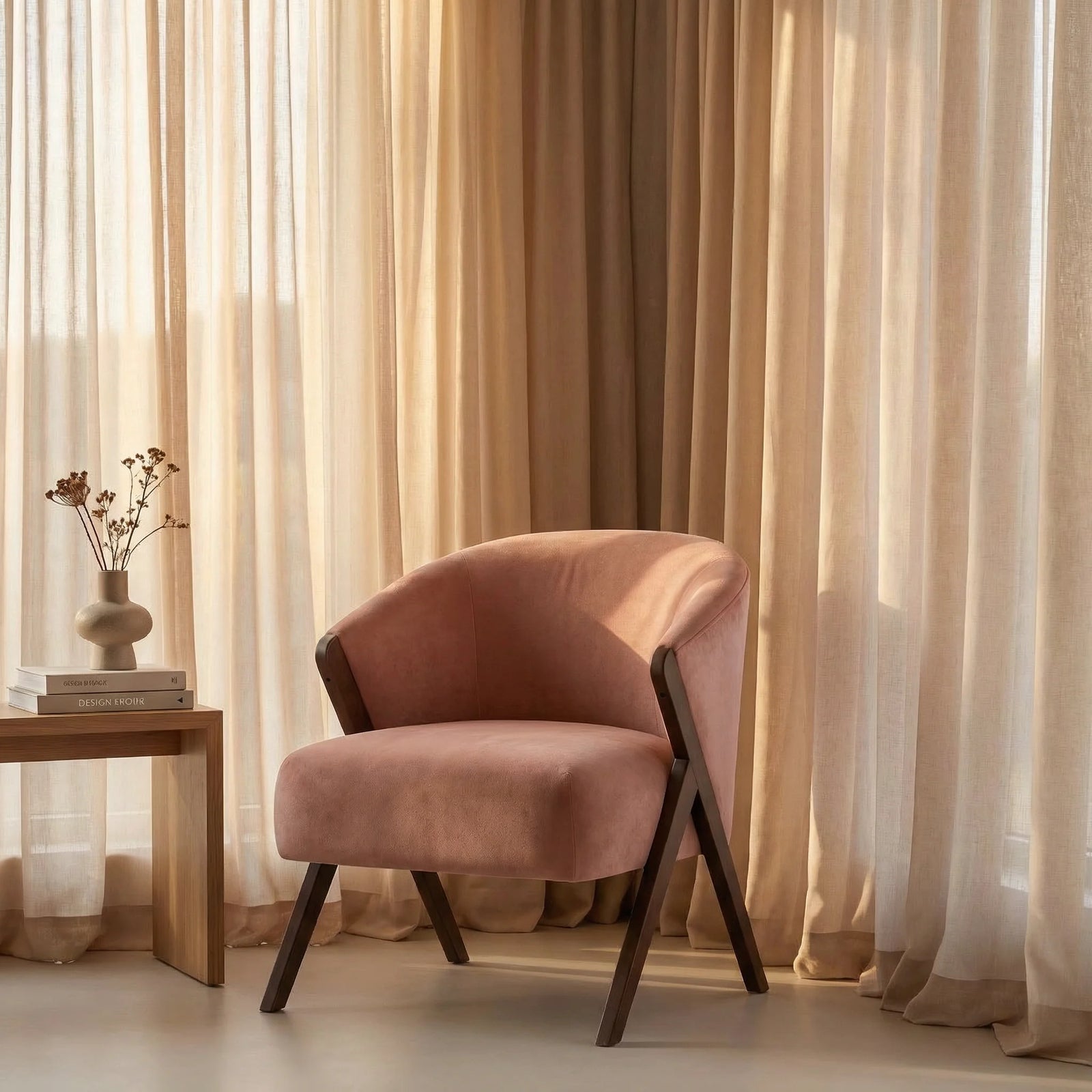 Kira Accent Chair | Blush Pink Sustainable Velvet & Walnut