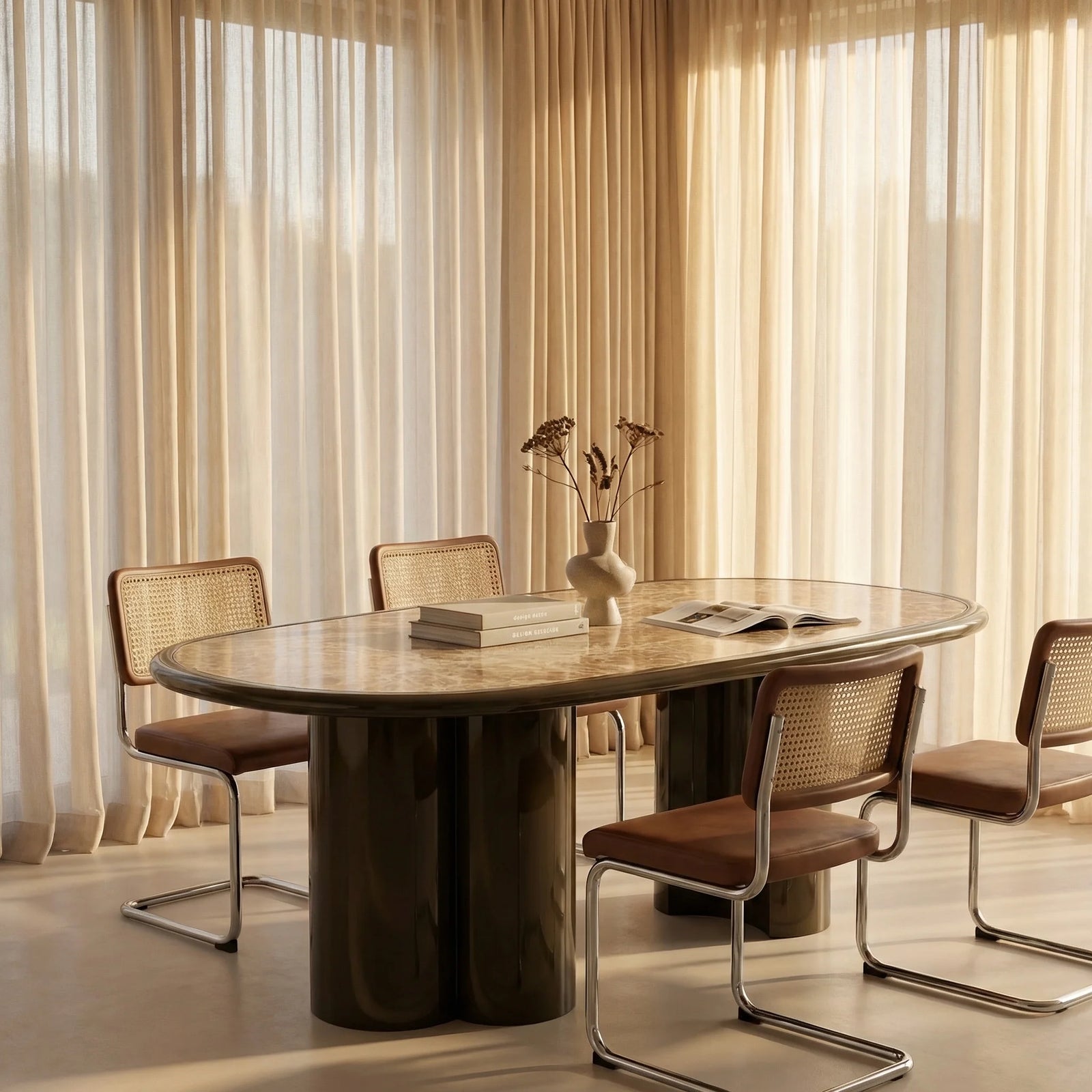 Carson 6 Seat Oval Dining Table |  Cappuccino Marble & High Gloss Clay Green