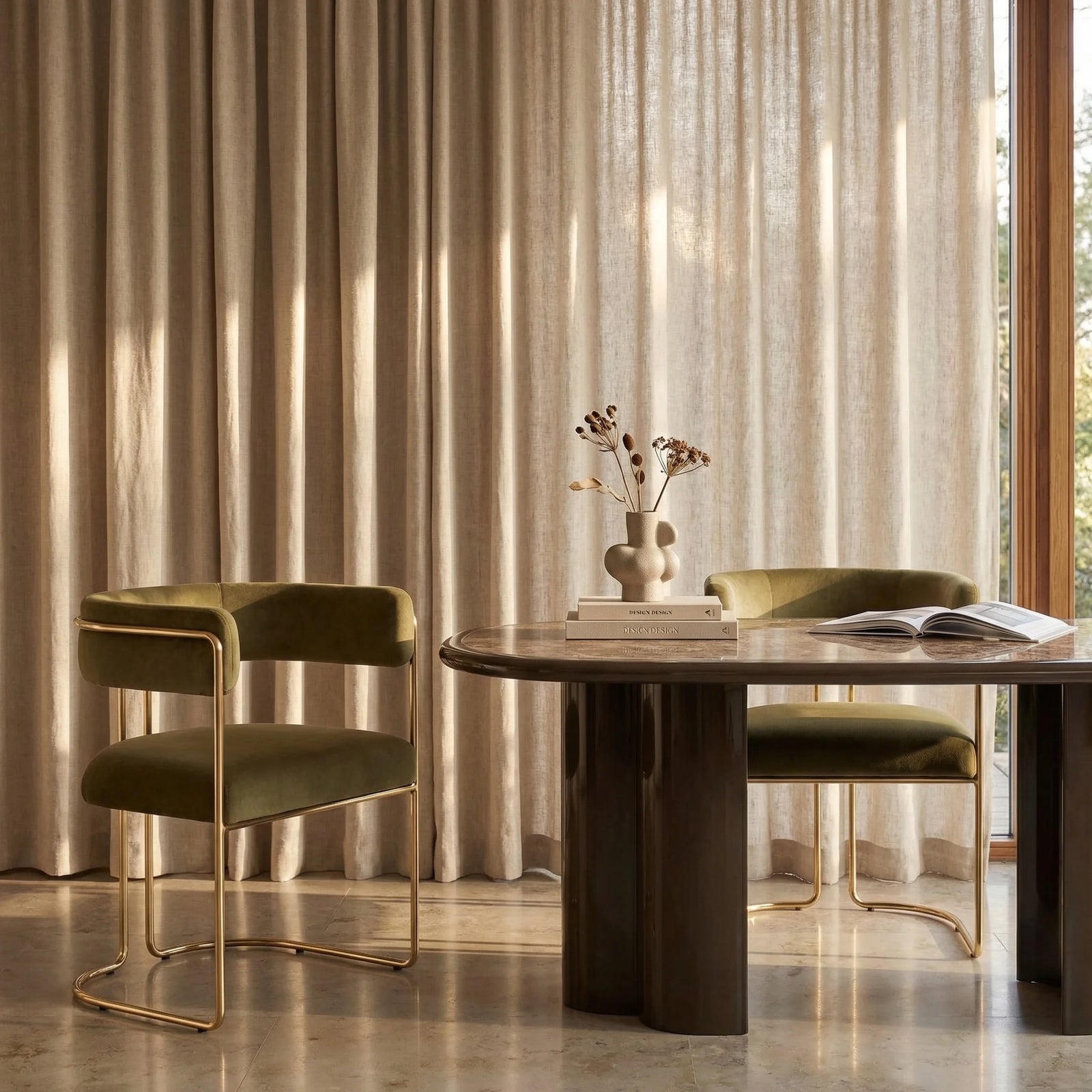 Juliana Carver Dining Chair | Moss Green Sustainable Mohair Velvet & Brass