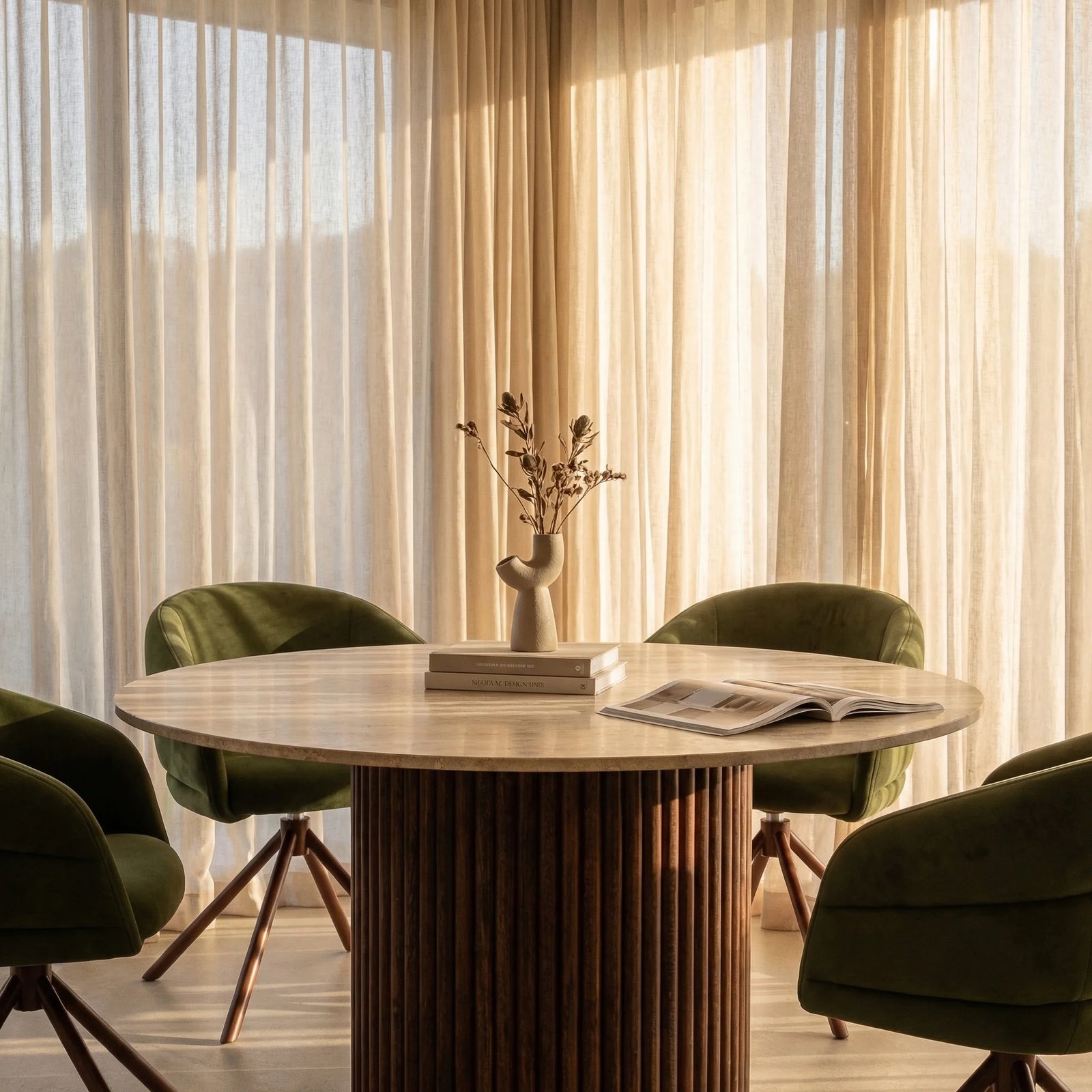 Medby & Ophelia 4 Seat Dining Set | Natural Travertine & Rust Sustainable Velvet