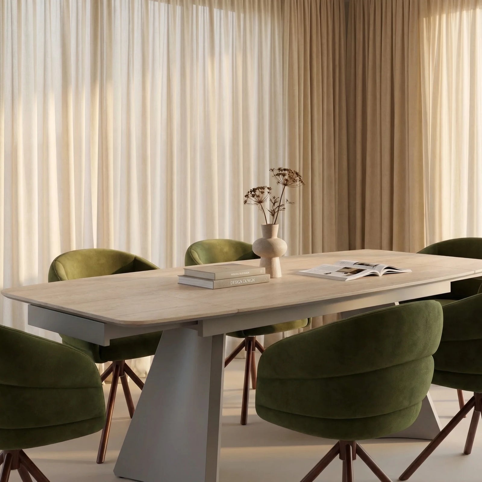 Renzo 6-10 Seat Rectangle Extendable Dining Table | Natural Travertine Effect Sintered Stone & Brown