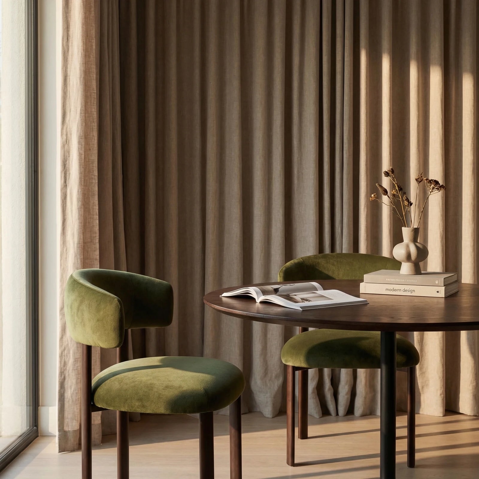 Frey Dining Chair | Moss Green Sustainable Mohair Velvet & Burnished Bronze