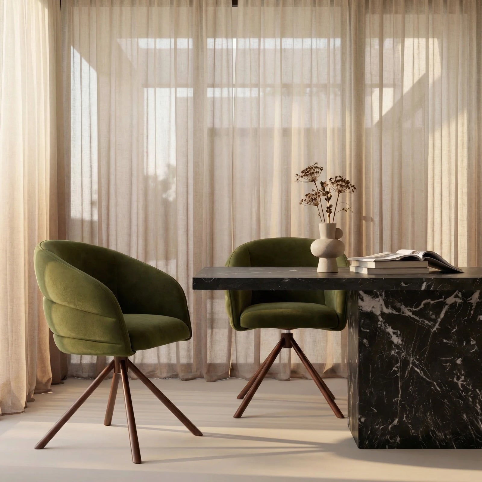 Frankie Swivel Carver Dining Chair | Olive Green Sustainable Velvet & Walnut