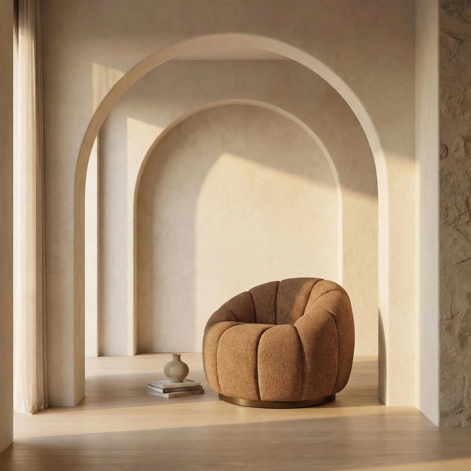 Ivy Swivel Armchair | Speckled Honey Sustainable Boucle & Walnut