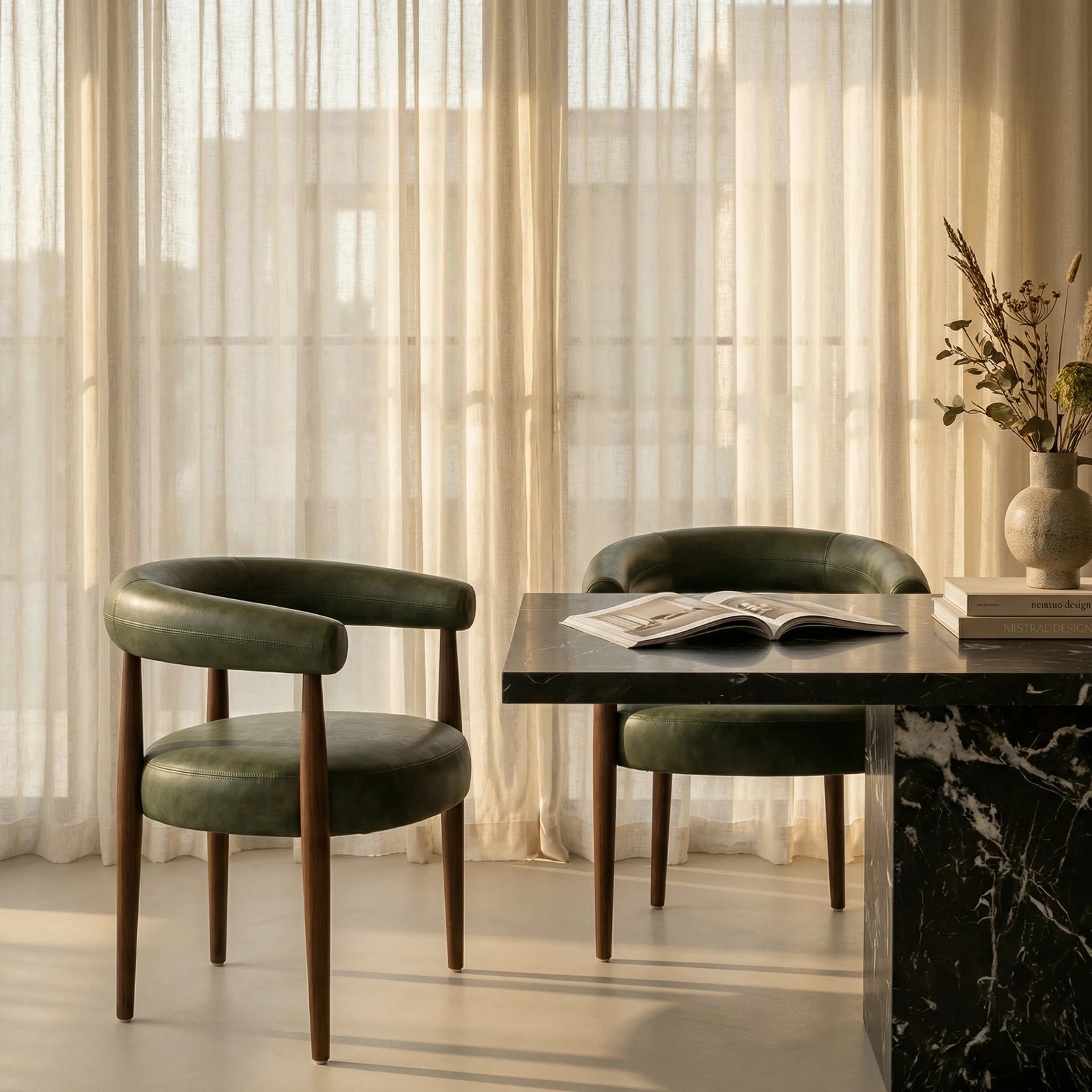 Elan Carver Dining Chair | Vintage Green Faux Leather & Walnut