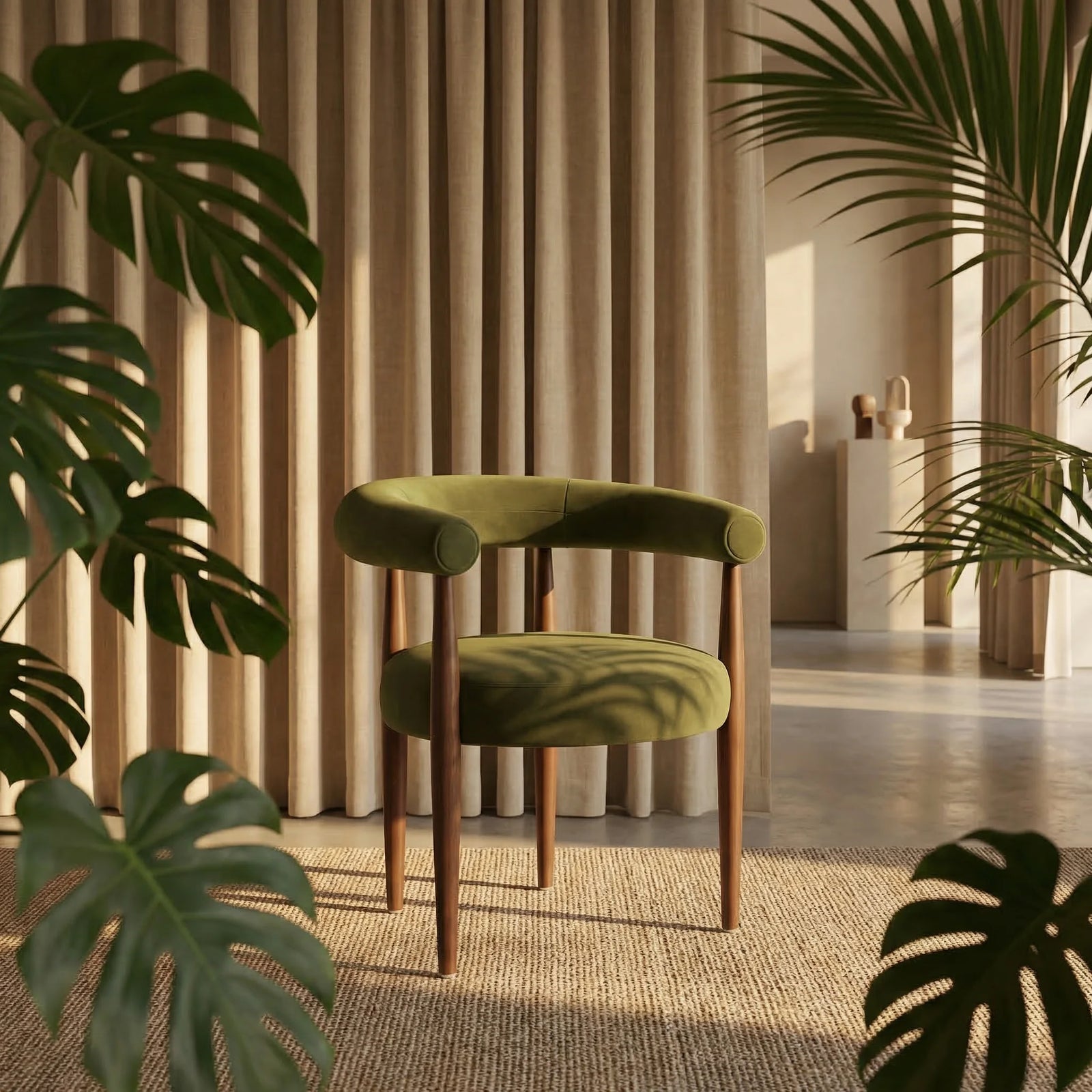 Elan Carver Dining Chair | Olive Green Sustainable Velvet & Walnut