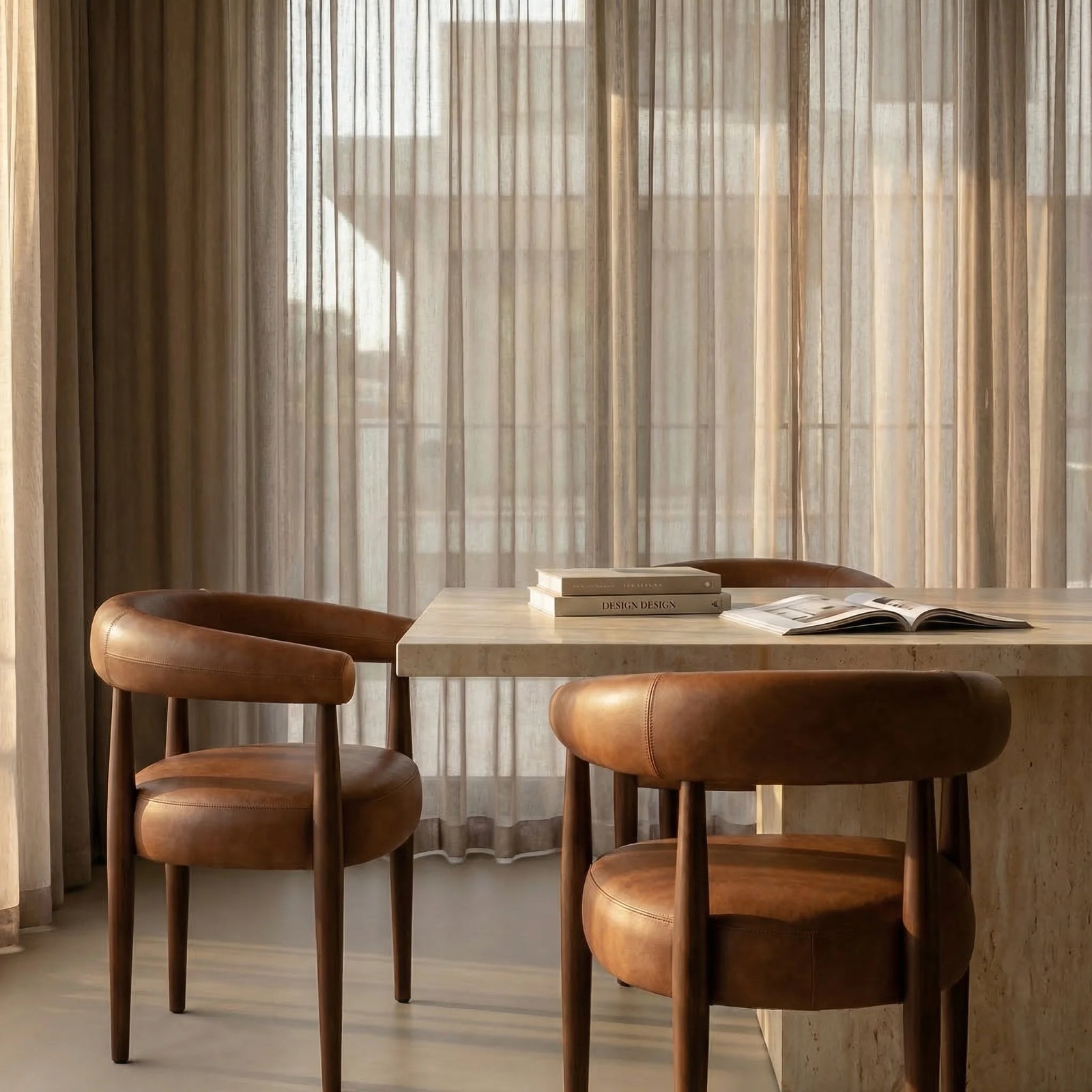 Elan Carver Dining Chair | Vintage Tan Faux Leather & Walnut