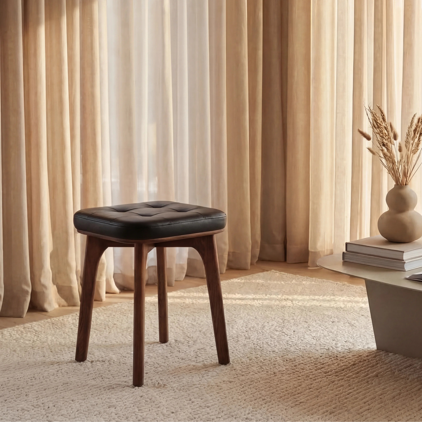 Winchester Low Stool | Vintage Black Faux Leather & Walnut