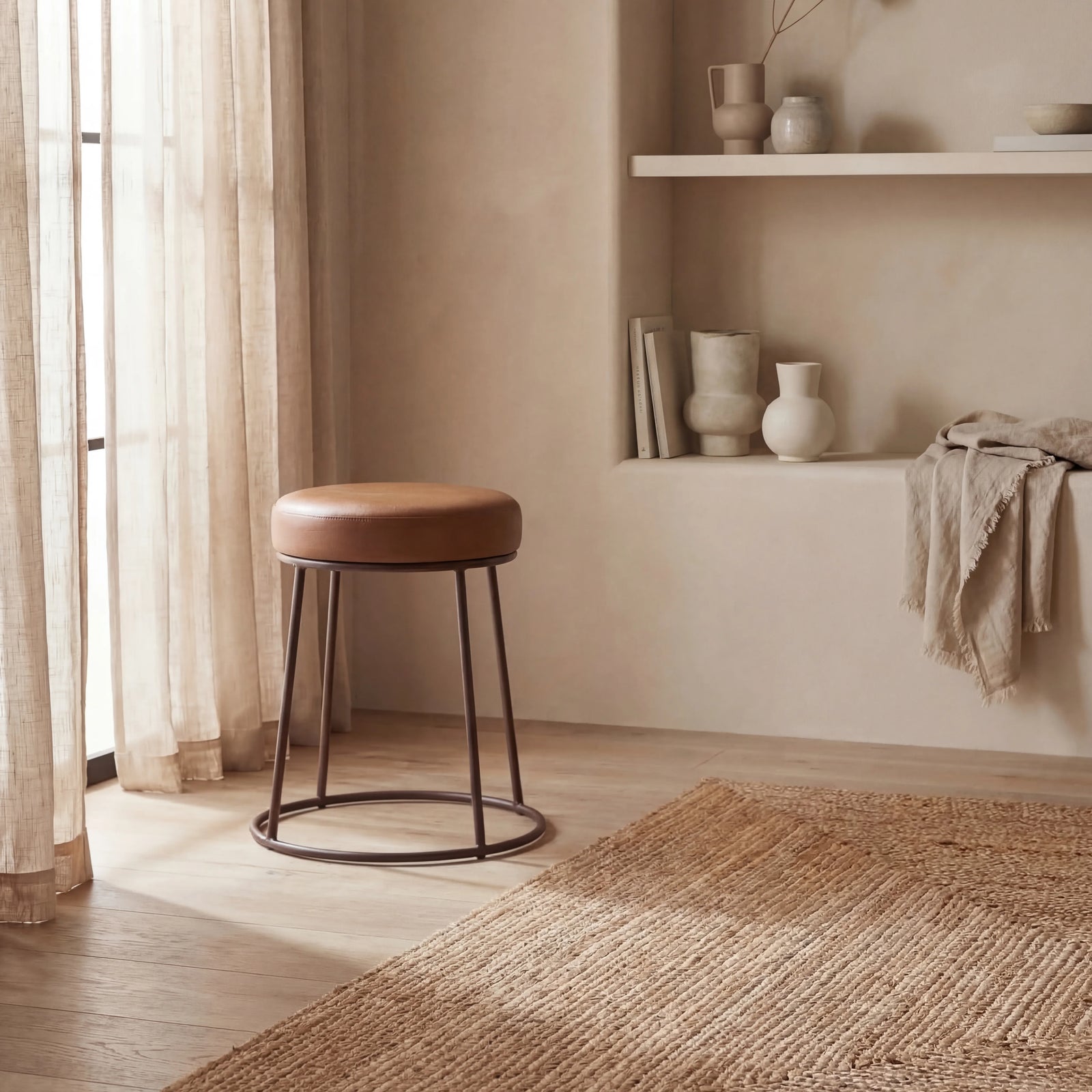 Austen Low Stool | Vintage Tan Faux Leather & Rustic