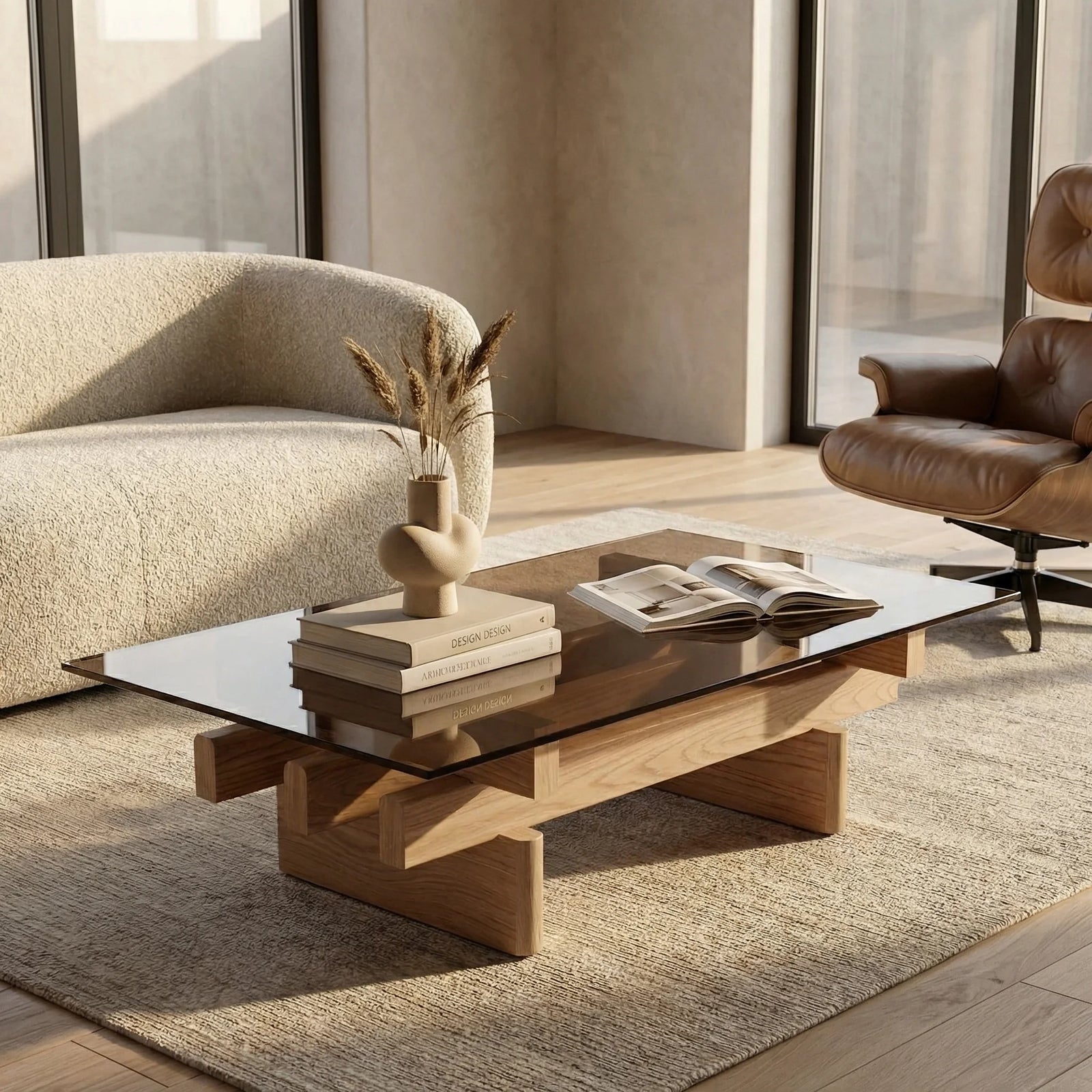 Line Rectangle Coffee Table | Amber Brown Glass & Natural