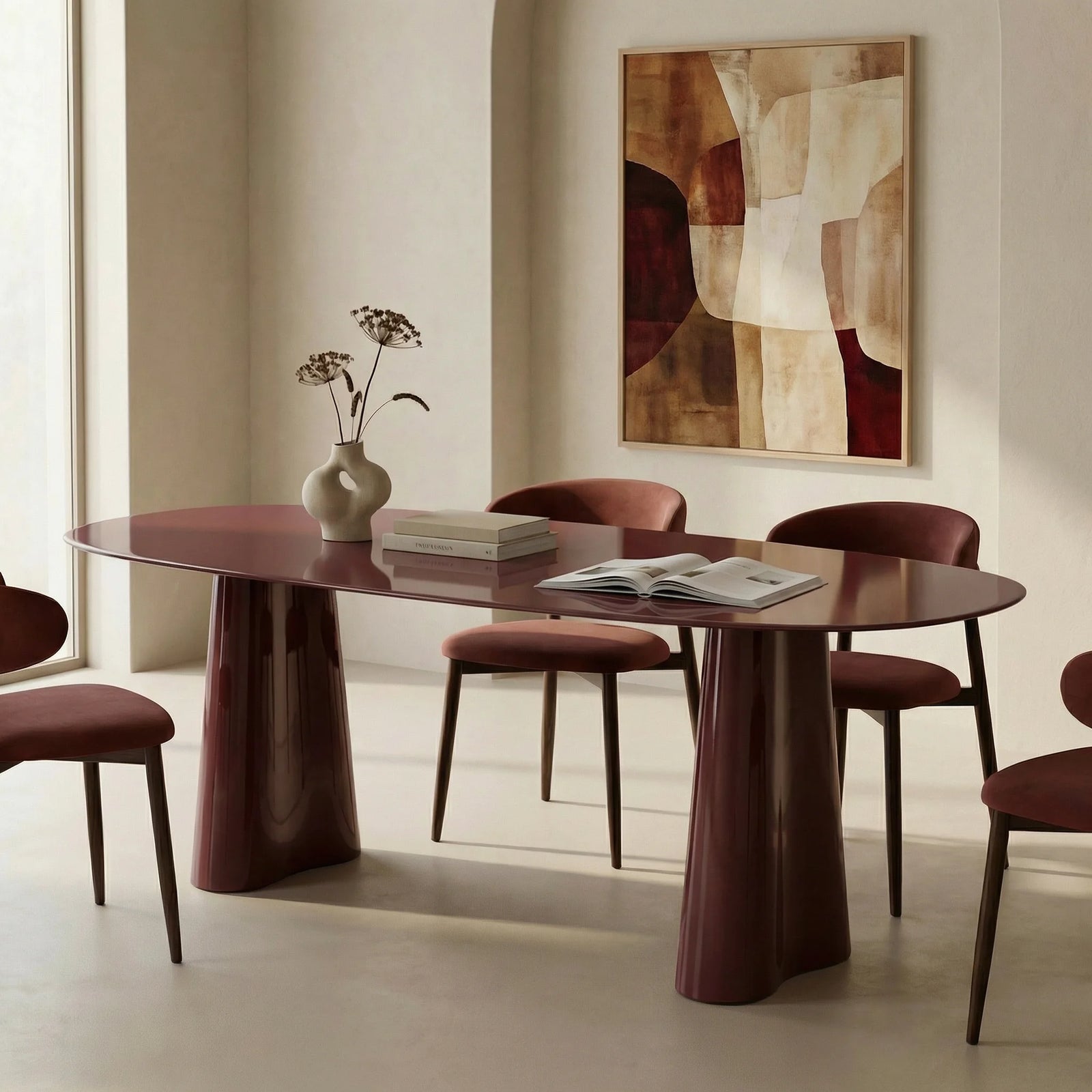 Hadley 8 Seat Oval Dining Table | Cherry Red Sandblasted Glass & High Gloss Cherry Red