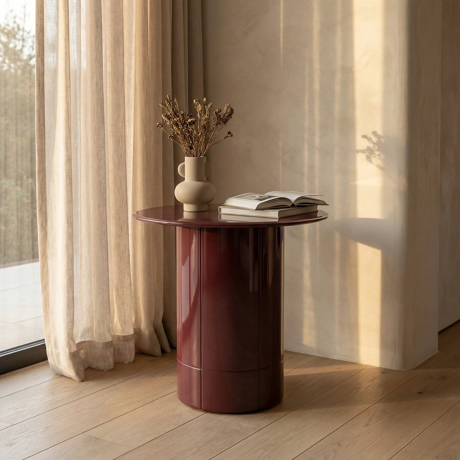 Flore Round Side Table | Cherry Red Glass & High Gloss Cherry Red