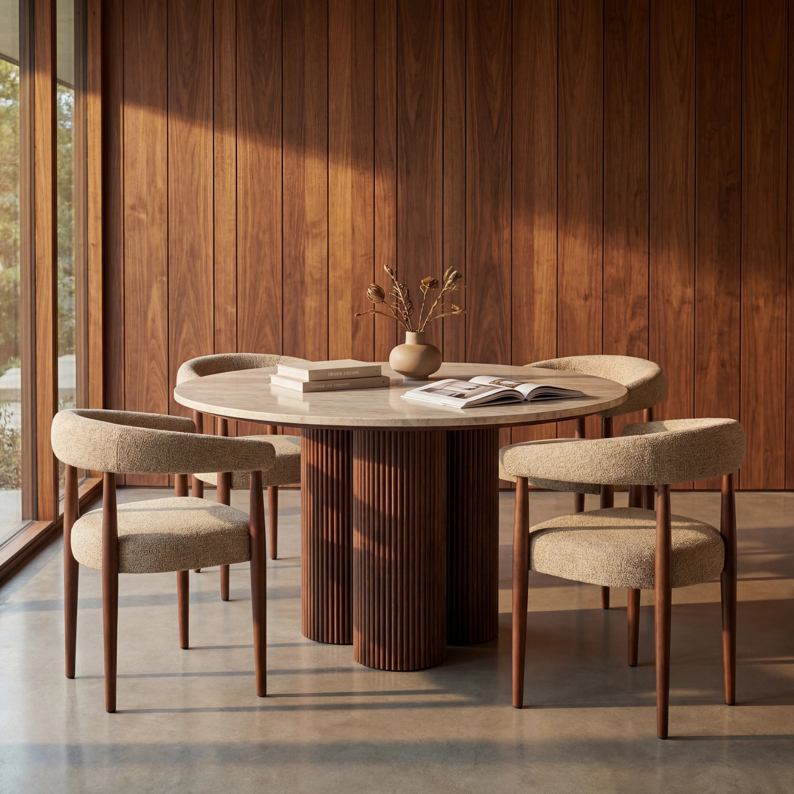 Skylar 4 Seat Round Dining Table | Natural Travertine & Walnut