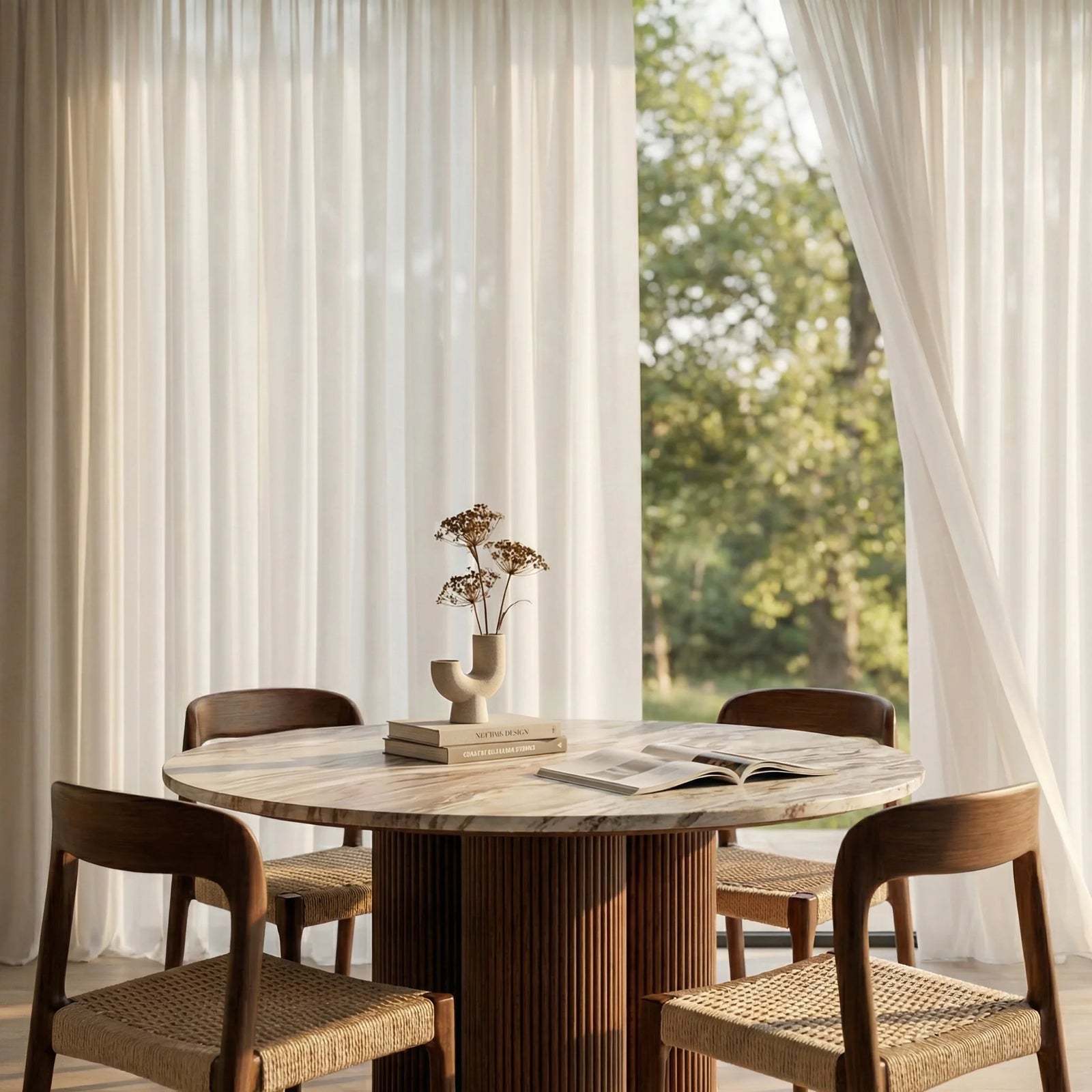 Skylar 4 Seat Round Dining Table | Fantasy Brown Marble & Walnut