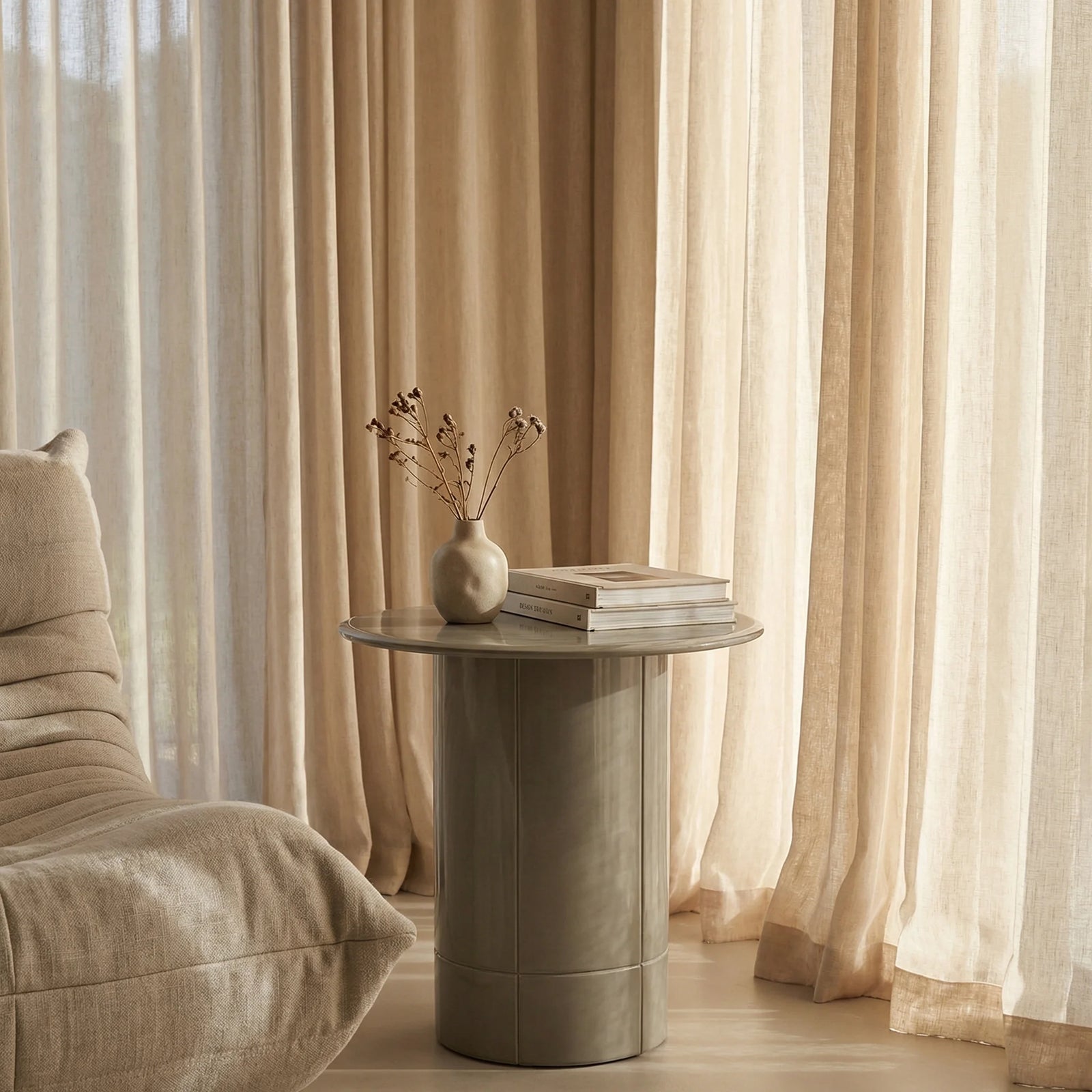 Flore Round Side Table | Sage  Green Glass & High Gloss Sage Green